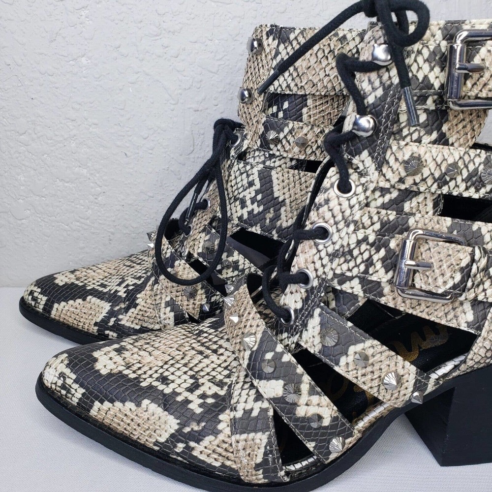Sam Edelman Elana Boots Studded Snake Print Cagged Lace Up Heel Booties - Picture 8 of 14